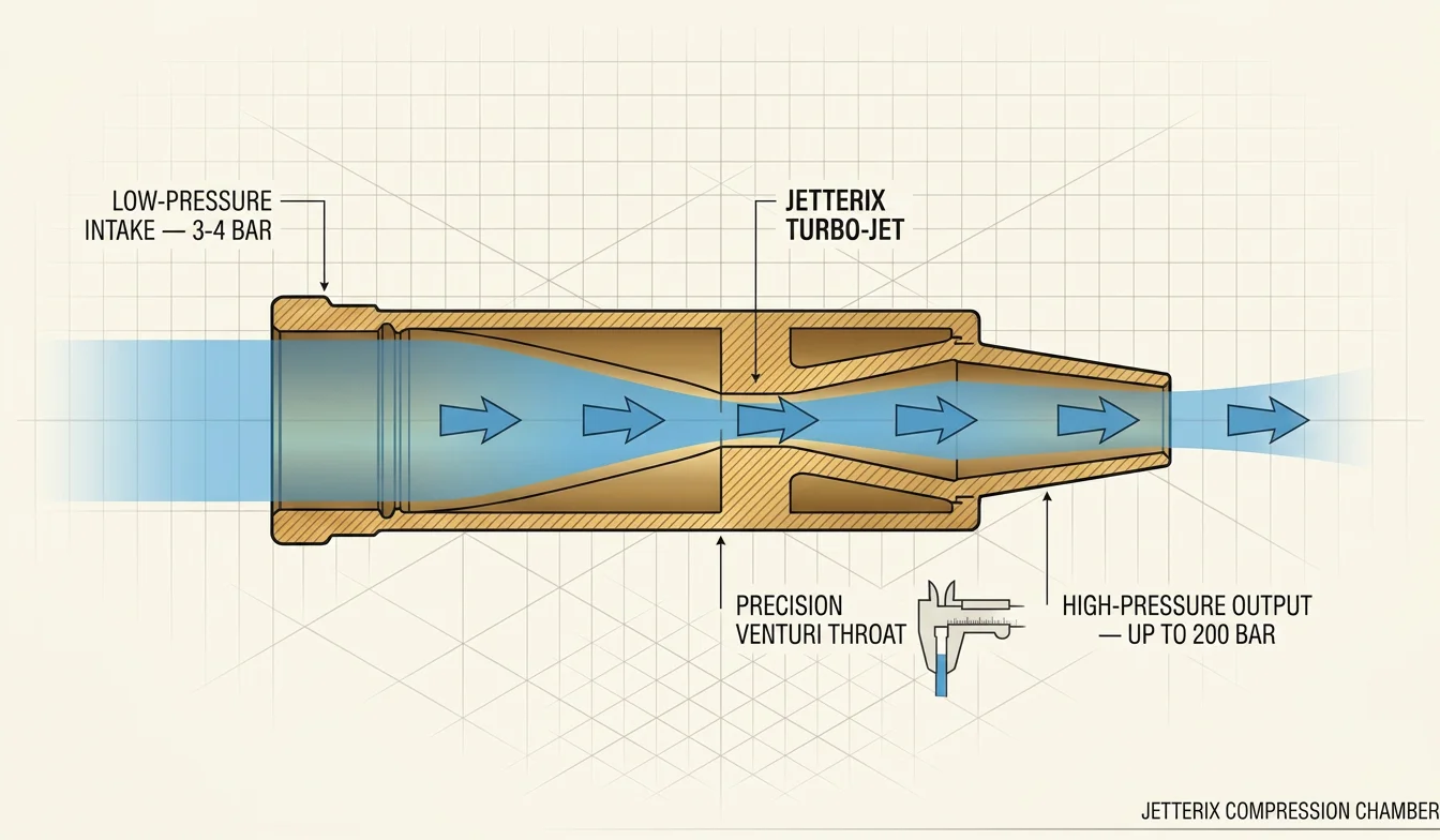 Diagram of the Jetterix compression chamber — cross-section showing low-pressure intake, venturi throat and high-pressure output