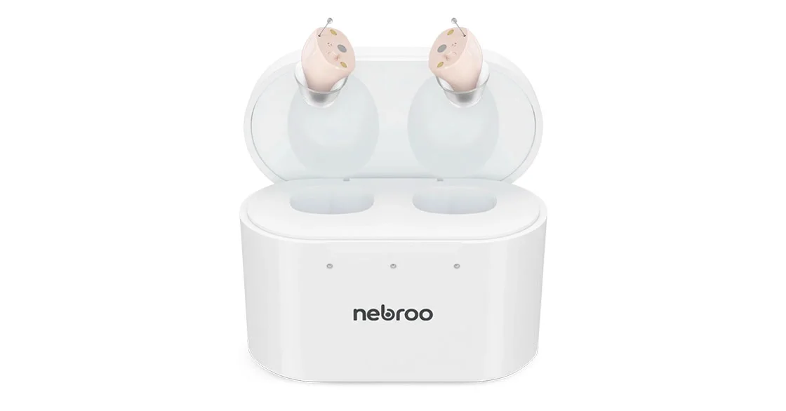 HearWell by Nebroo rechargeable OTC hearing aids with charging case