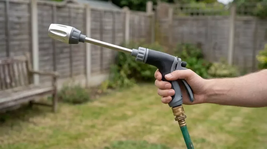Jetterix solid-brass hose nozzle, held in hand in front of a garden fence